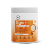 Wellbeing Nutrition beauty collagen jar Mango Peach flavor Korean marine collagen peptides supplement in white orange container